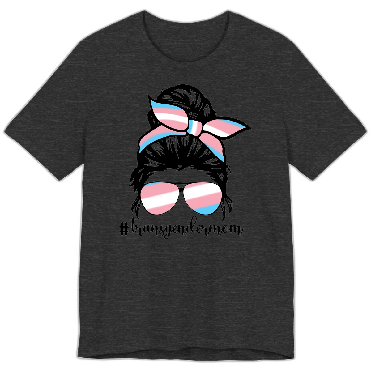 Stylized portrait with black hair, cat-eye sunglasses and bow in transgender flag colors, #transgendermom text below in Dark Grey Heather