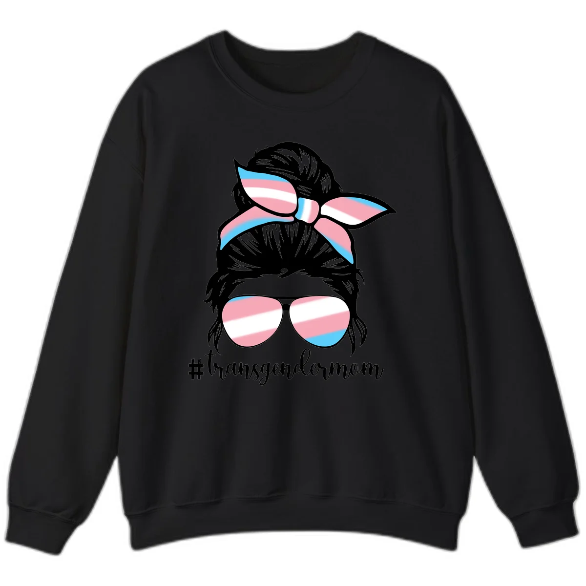 Stylized portrait with black hair, cat-eye sunglasses and bow in transgender flag colors, #transgendermom text below in Black