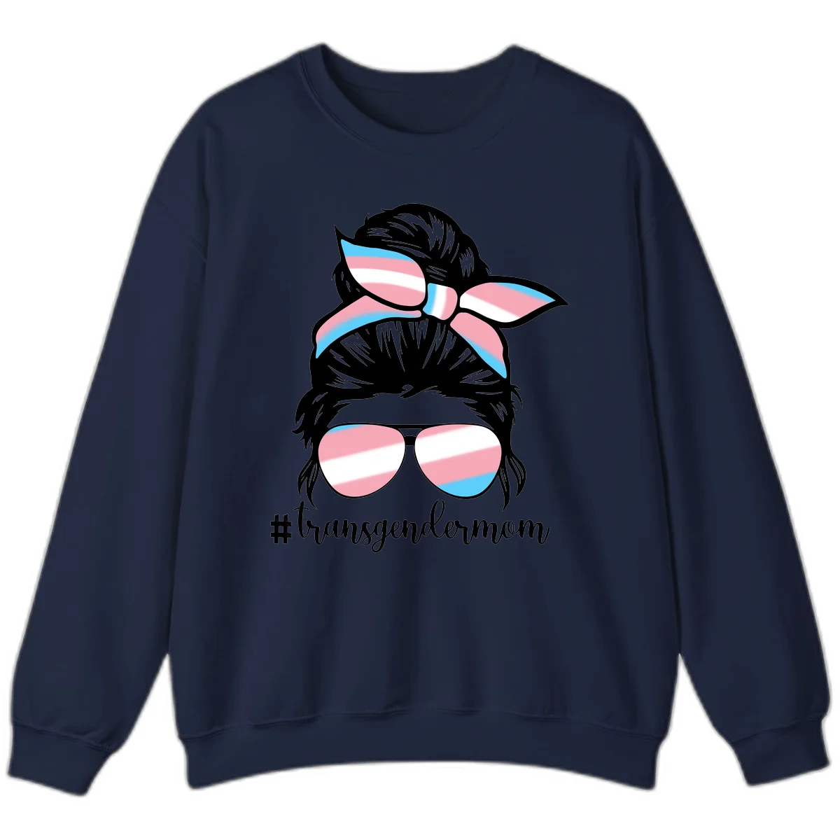 Stylized portrait with black hair, cat-eye sunglasses and bow in transgender flag colors, #transgendermom text below in Navy