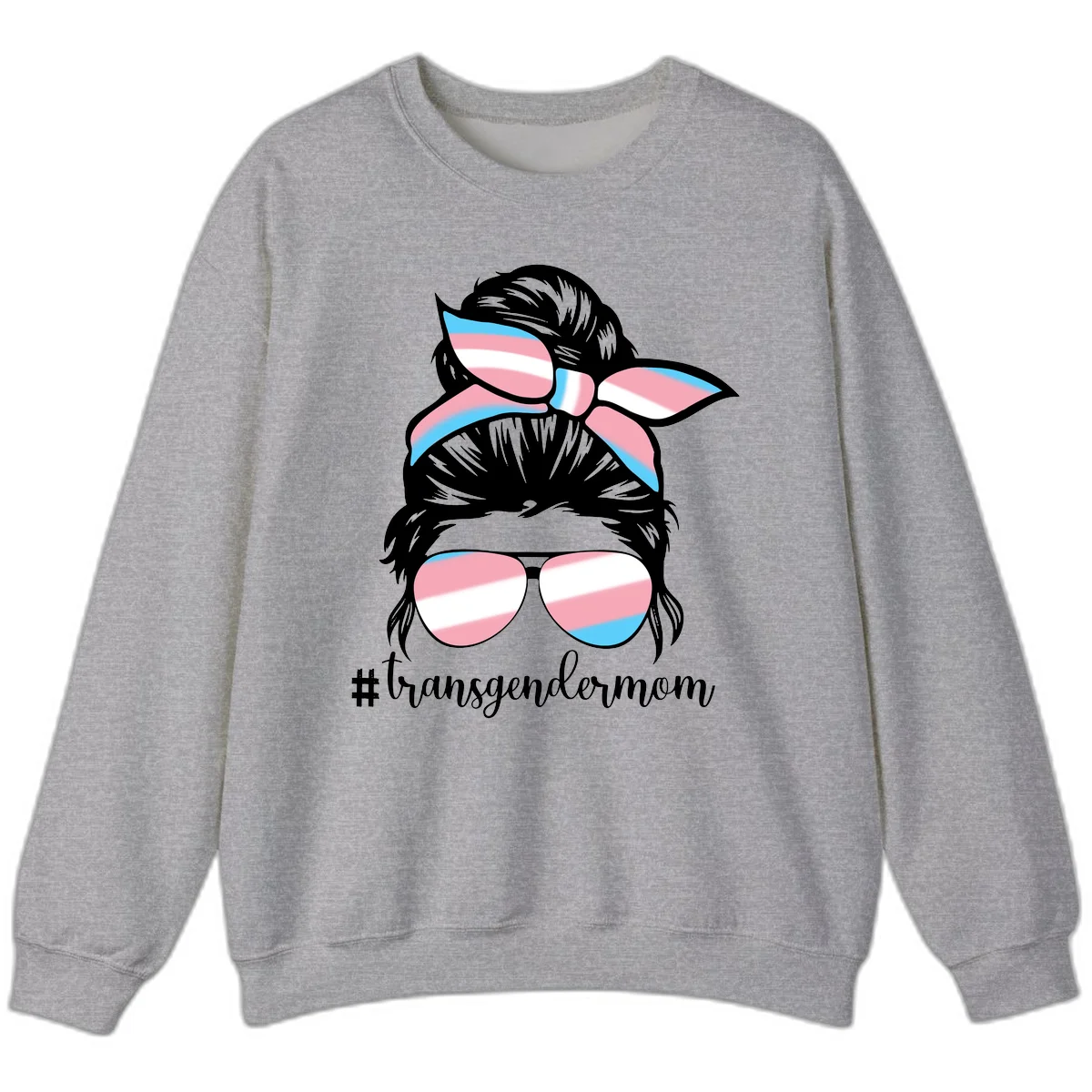 Stylized portrait with black hair, cat-eye sunglasses and bow in transgender flag colors, #transgendermom text below in Sport Grey