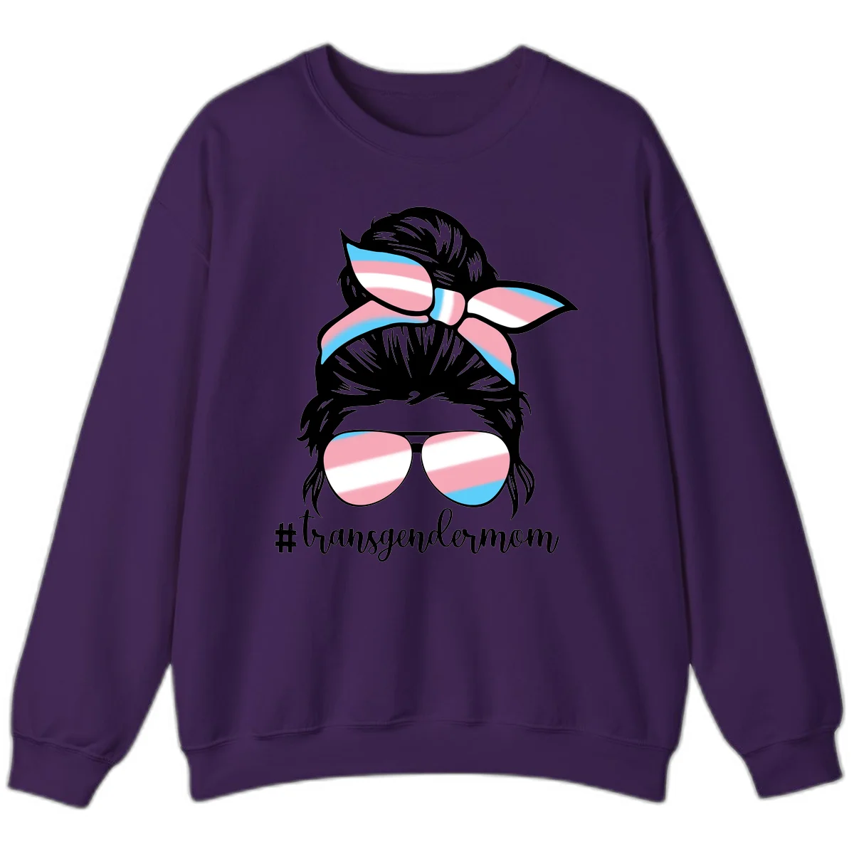 Stylized portrait with black hair, cat-eye sunglasses and bow in transgender flag colors, #transgendermom text below in Purple