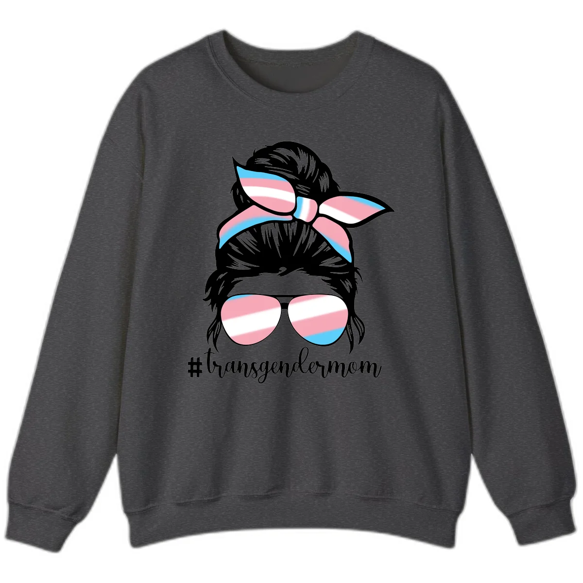 Stylized portrait with black hair, cat-eye sunglasses and bow in transgender flag colors, #transgendermom text below in Dark Heather