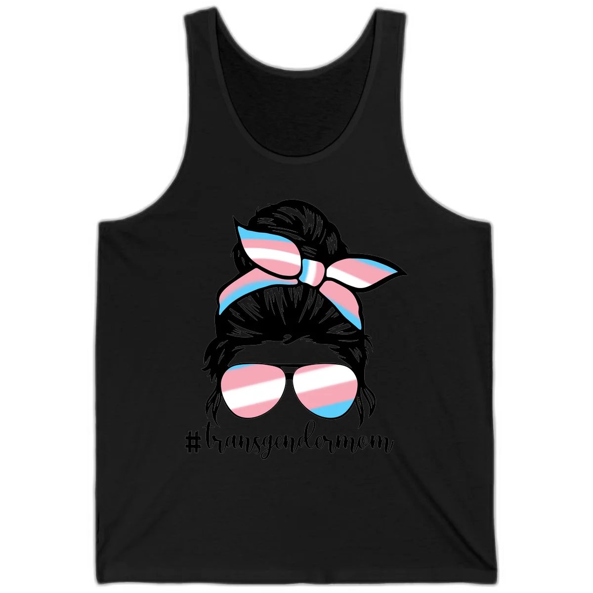 Stylized portrait with black hair, cat-eye sunglasses and bow in transgender flag colors, #transgendermom text below in Black