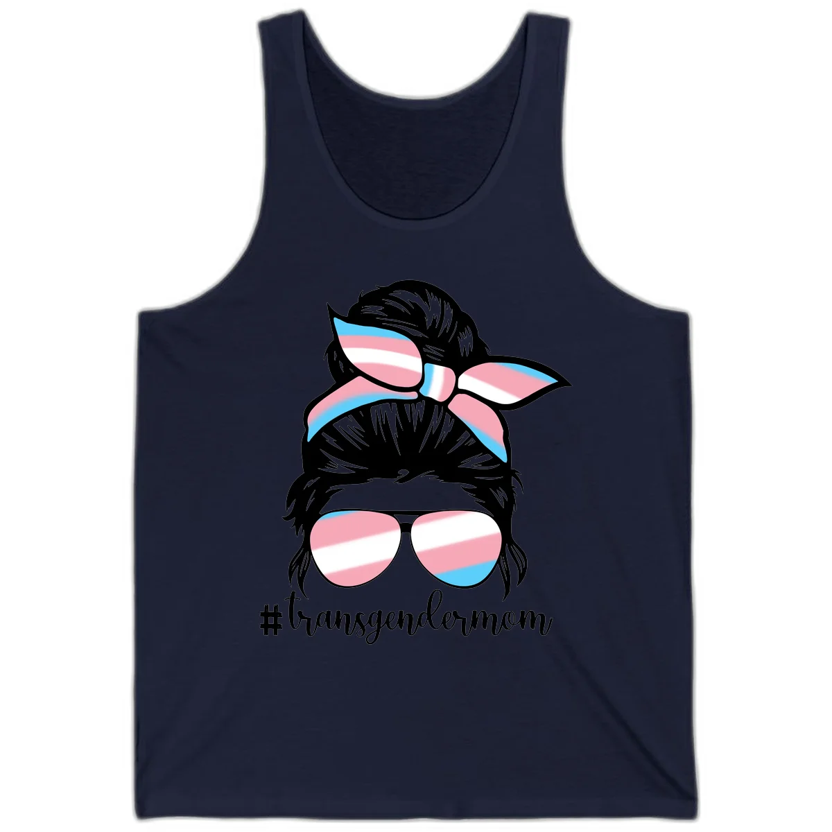 Stylized portrait with black hair, cat-eye sunglasses and bow in transgender flag colors, #transgendermom text below in Navy