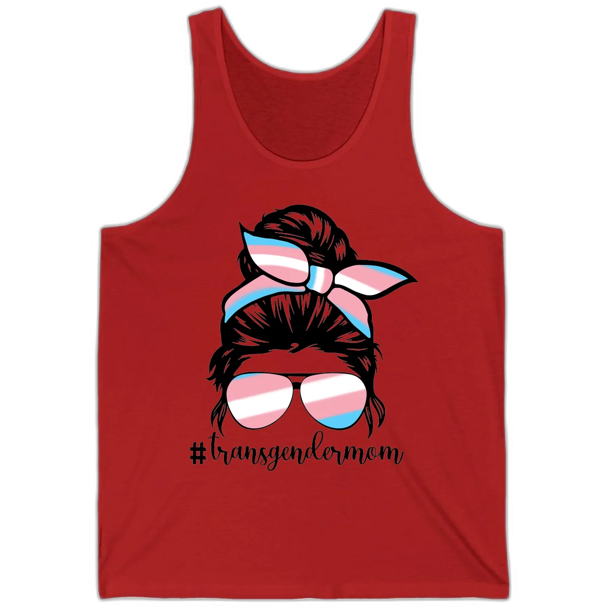 Stylized portrait with black hair, cat-eye sunglasses and bow in transgender flag colors, #transgendermom text below in Red