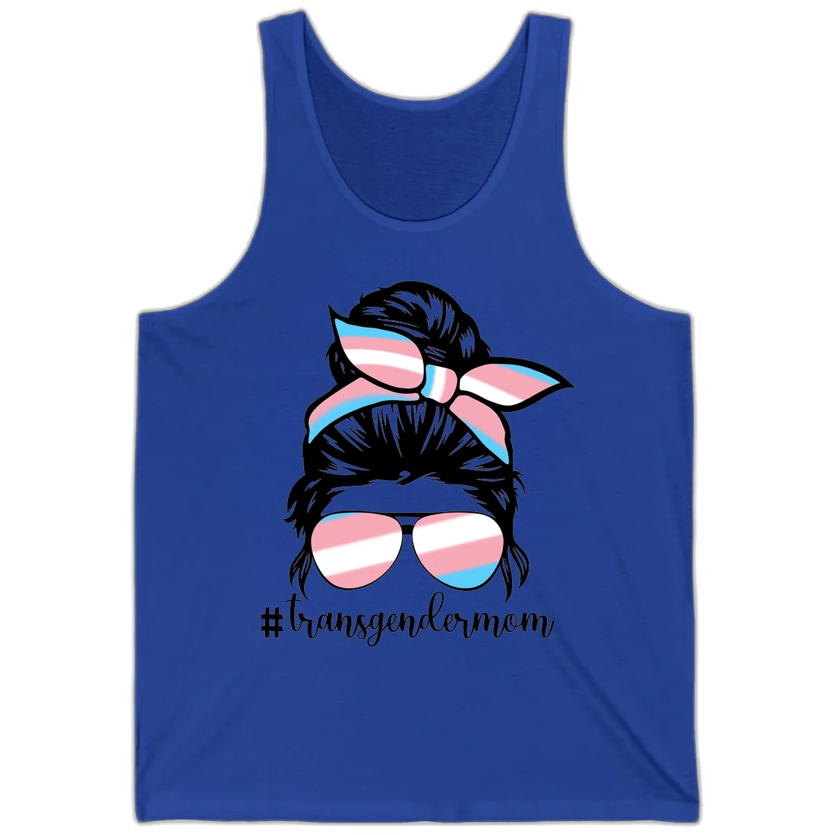 Stylized portrait with black hair, cat-eye sunglasses and bow in transgender flag colors, #transgendermom text below in True Royal