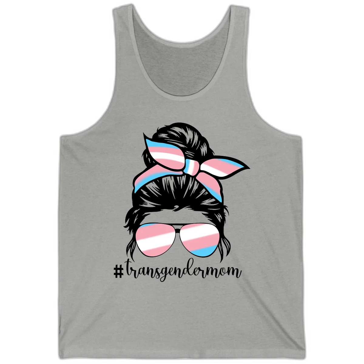 Stylized portrait with black hair, cat-eye sunglasses and bow in transgender flag colors, #transgendermom text below in Athletic Heather
