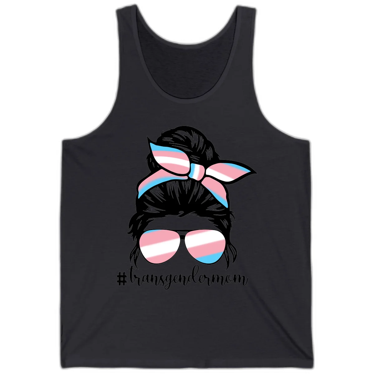 Stylized portrait with black hair, cat-eye sunglasses and bow in transgender flag colors, #transgendermom text below in Dark Grey