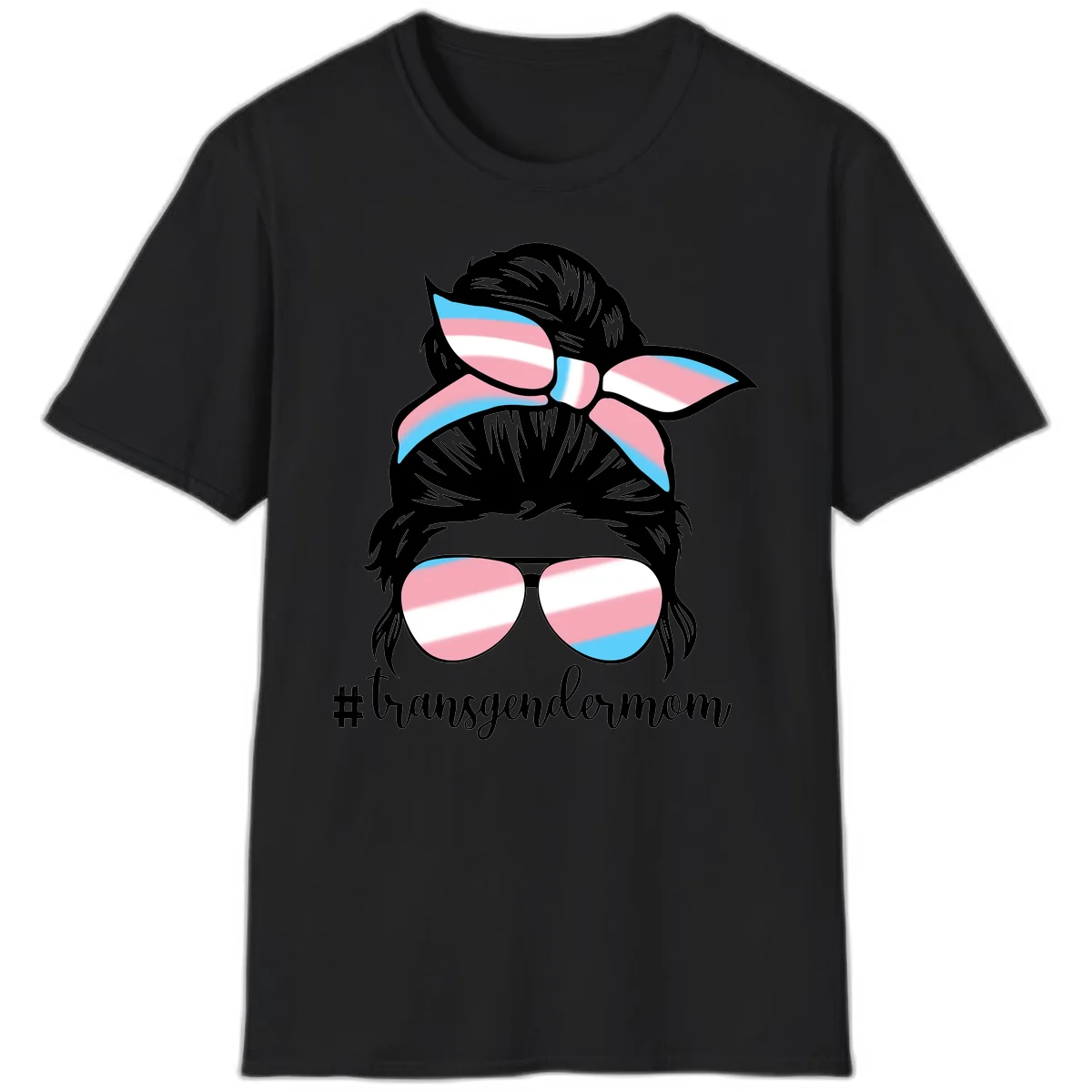 Stylized portrait with black hair, cat-eye sunglasses and bow in transgender flag colors, #transgendermom text below in Black