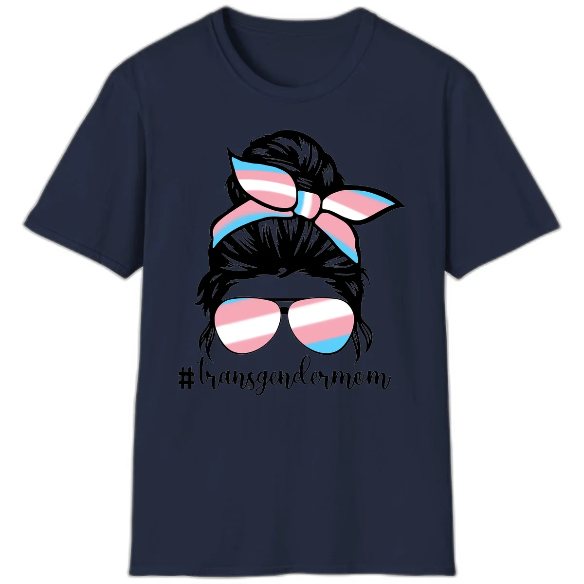 Stylized portrait with black hair, cat-eye sunglasses and bow in transgender flag colors, #transgendermom text below in Navy