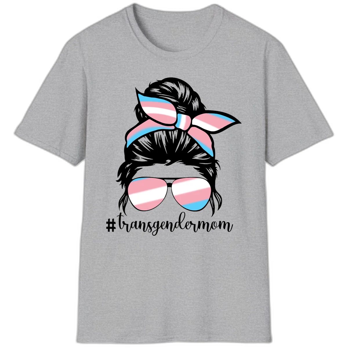 Stylized portrait with black hair, cat-eye sunglasses and bow in transgender flag colors, #transgendermom text below in Sport Grey