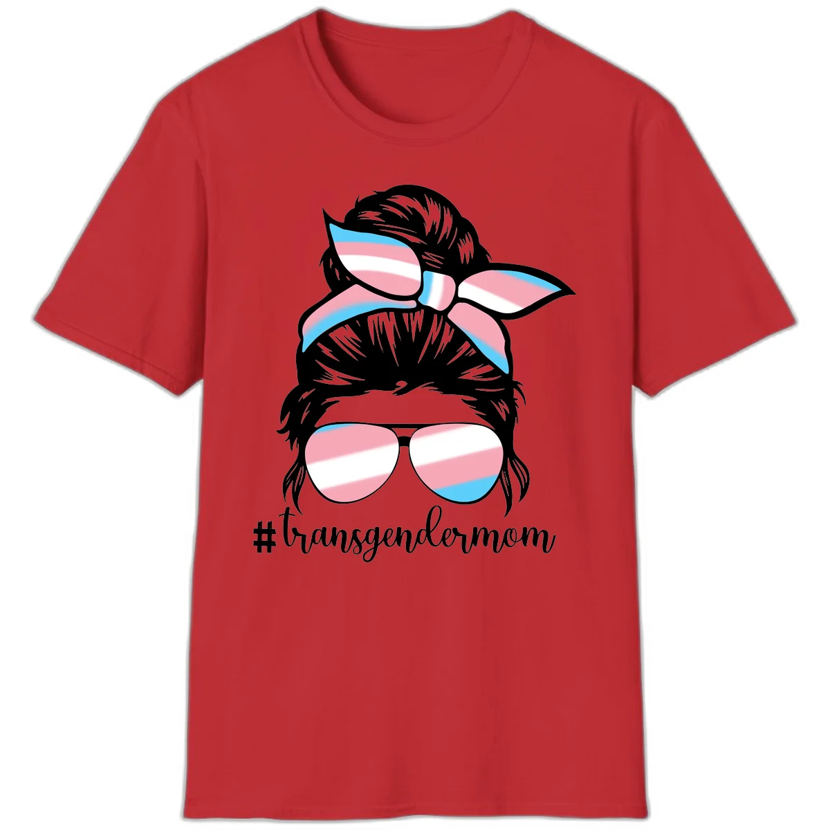 Stylized portrait with black hair, cat-eye sunglasses and bow in transgender flag colors, #transgendermom text below in Red