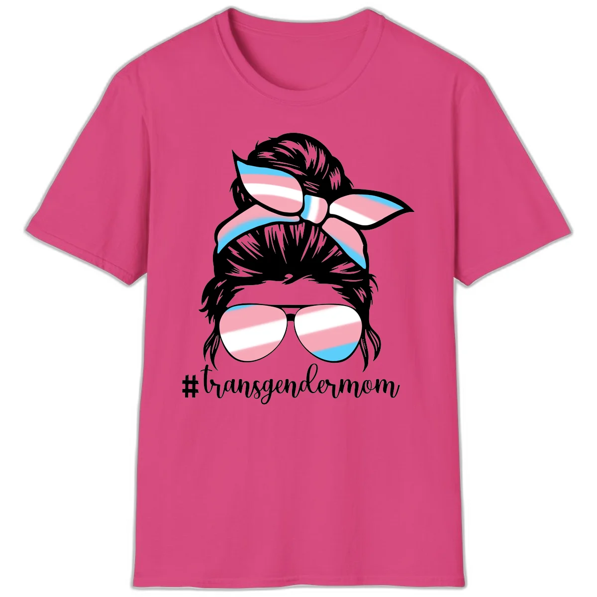 Stylized portrait with black hair, cat-eye sunglasses and bow in transgender flag colors, #transgendermom text below in Heliconia