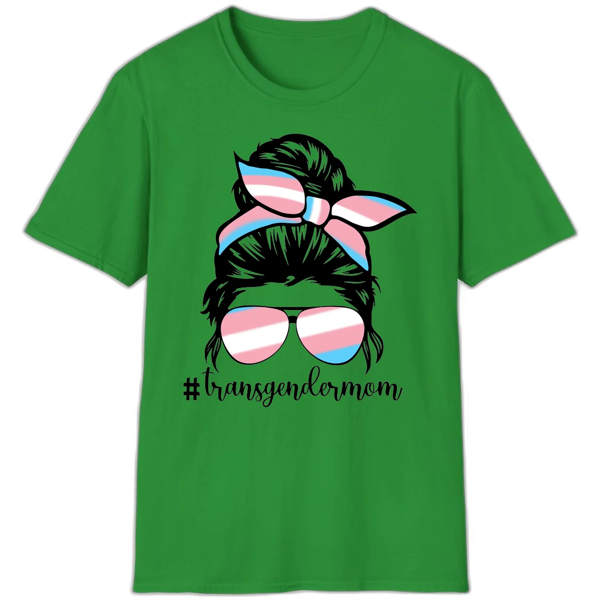 Stylized portrait with black hair, cat-eye sunglasses and bow in transgender flag colors, #transgendermom text below in Irish Green