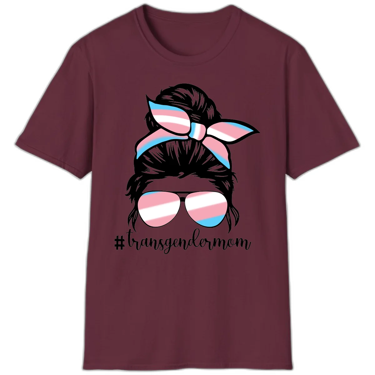 Stylized portrait with black hair, cat-eye sunglasses and bow in transgender flag colors, #transgendermom text below in Maroon
