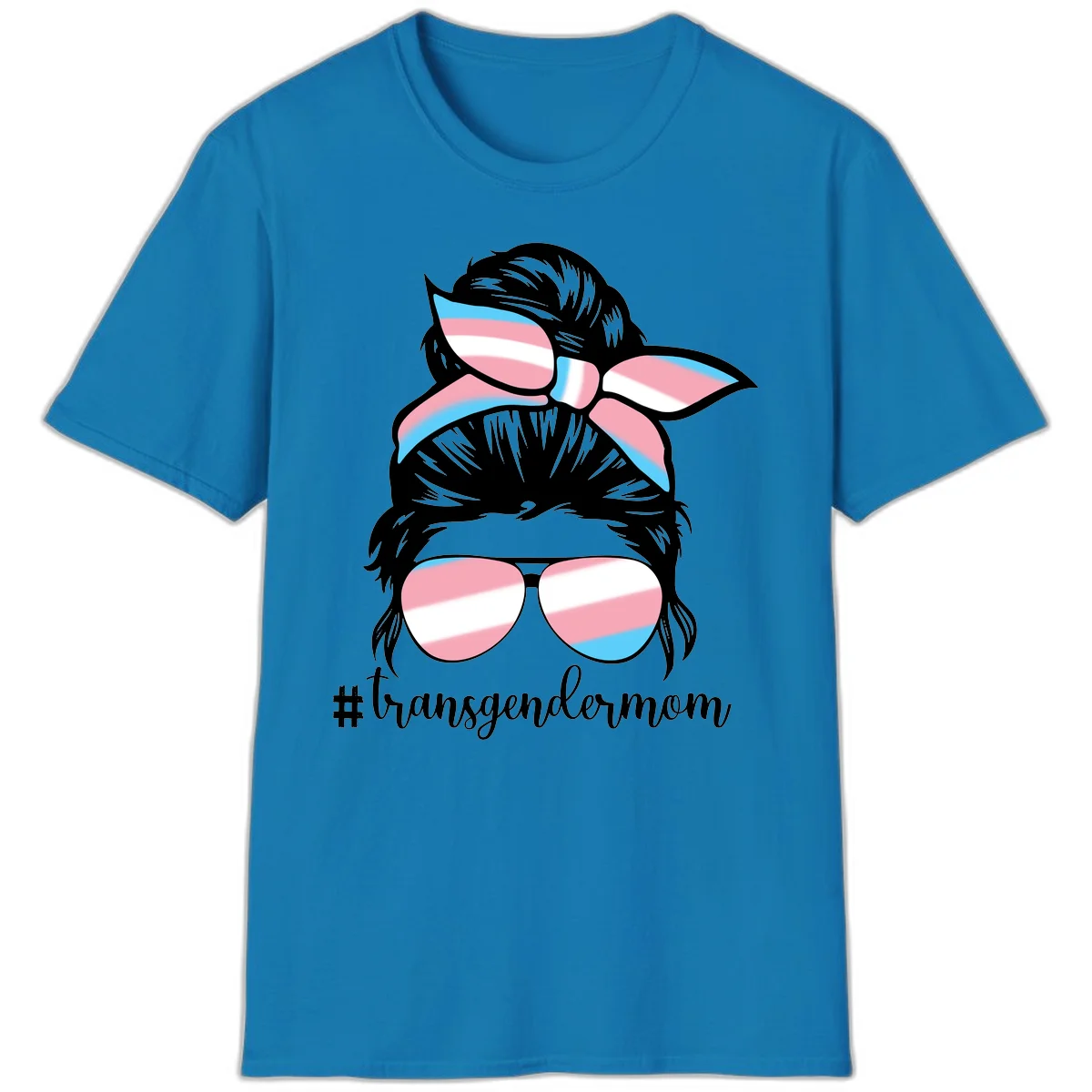 Stylized portrait with black hair, cat-eye sunglasses and bow in transgender flag colors, #transgendermom text below in Sapphire
