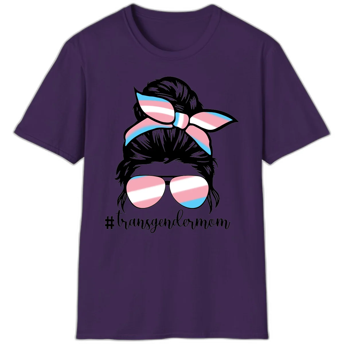 Stylized portrait with black hair, cat-eye sunglasses and bow in transgender flag colors, #transgendermom text below in Purple