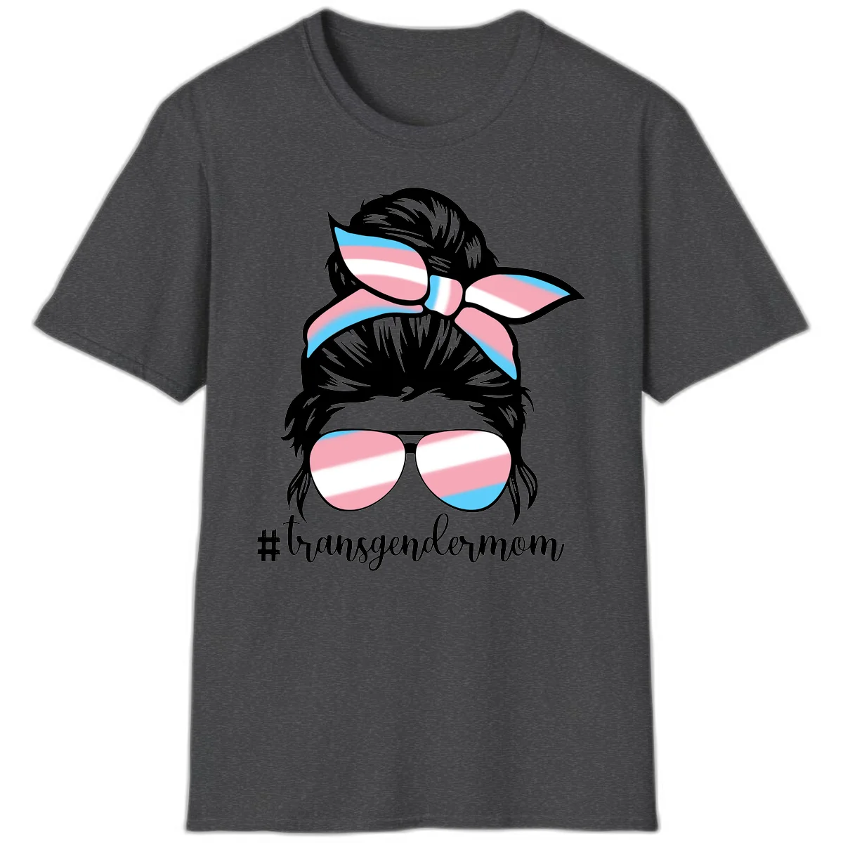 Stylized portrait with black hair, cat-eye sunglasses and bow in transgender flag colors, #transgendermom text below in Dark Heather