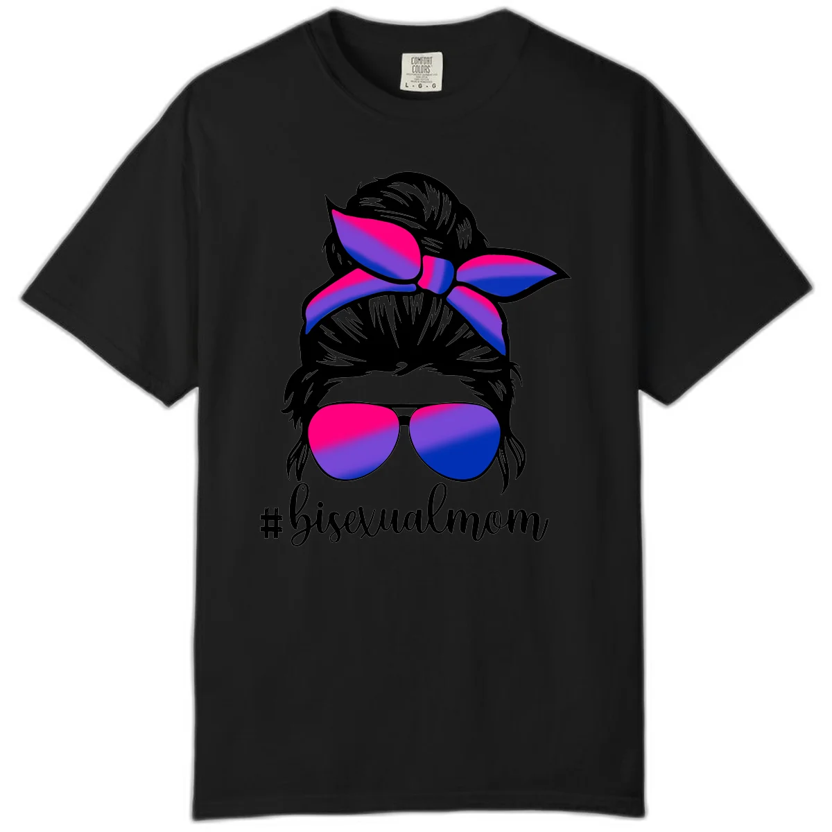 Bisexual mom pride illustration featuring a silhouette with cat ears, bow, and aviator sunglasses in pink, purple, and blue colors with #bisexualmom text in Black