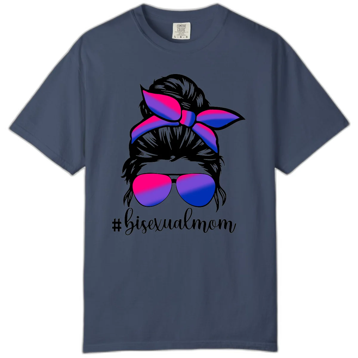 Bisexual mom pride illustration featuring a silhouette with cat ears, bow, and aviator sunglasses in pink, purple, and blue colors with #bisexualmom text in Midnight