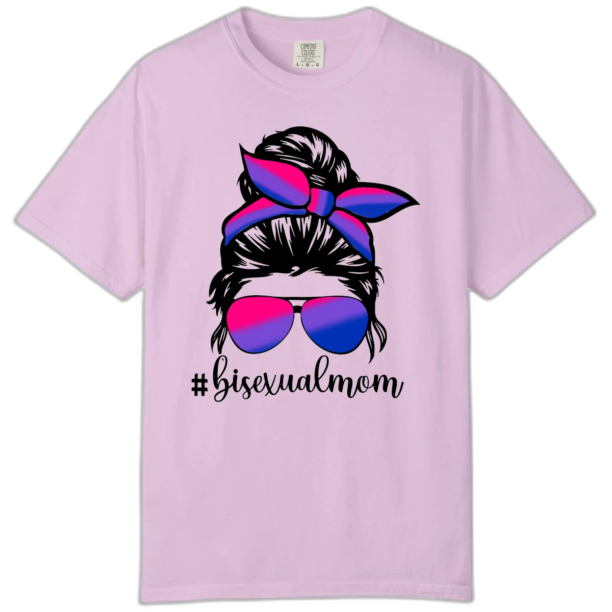 Bisexual mom pride illustration featuring a silhouette with cat ears, bow, and aviator sunglasses in pink, purple, and blue colors with #bisexualmom text in Orchid