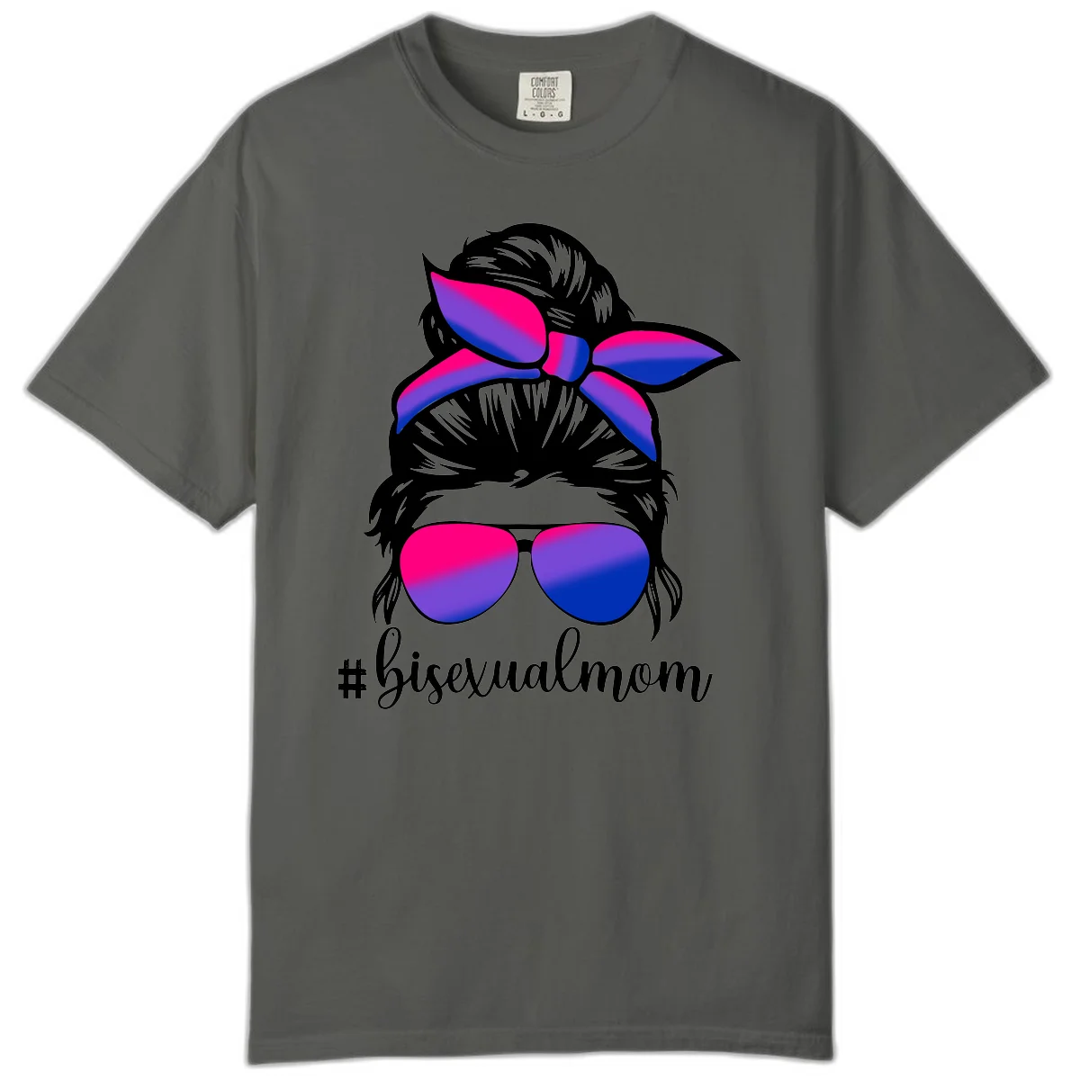 Bisexual mom pride illustration featuring a silhouette with cat ears, bow, and aviator sunglasses in pink, purple, and blue colors with #bisexualmom text in Pepper