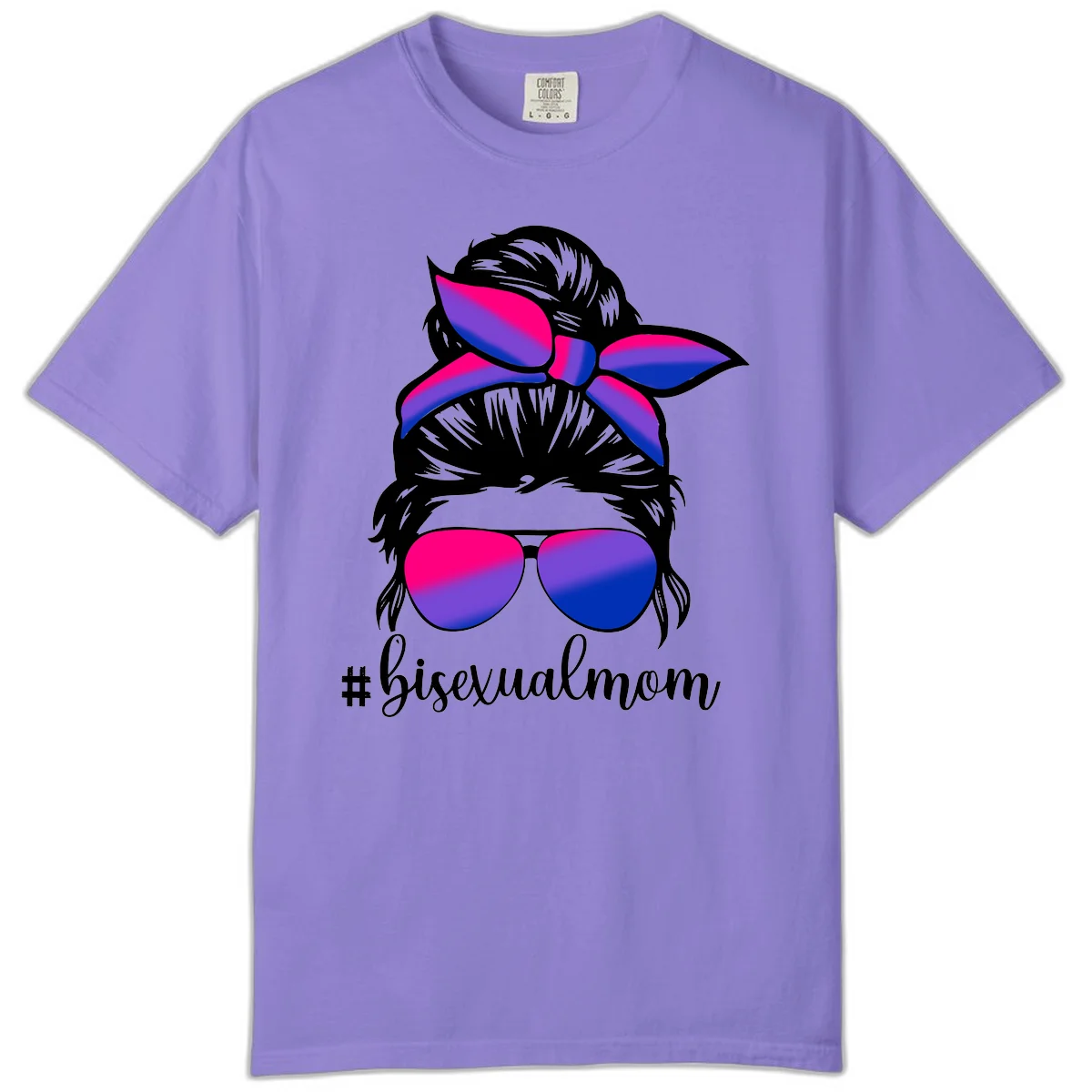 Bisexual mom pride illustration featuring a silhouette with cat ears, bow, and aviator sunglasses in pink, purple, and blue colors with #bisexualmom text in Violet