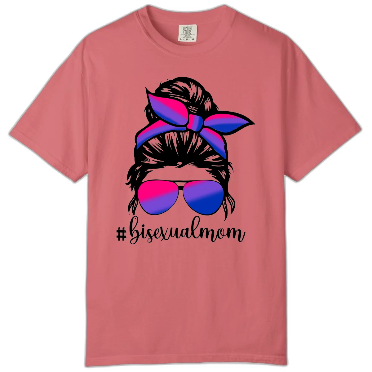Bisexual mom pride illustration featuring a silhouette with cat ears, bow, and aviator sunglasses in pink, purple, and blue colors with #bisexualmom text in Watermelon