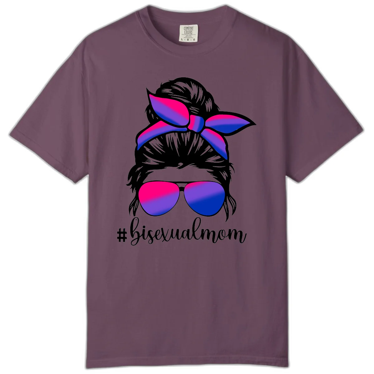 Bisexual mom pride illustration featuring a silhouette with cat ears, bow, and aviator sunglasses in pink, purple, and blue colors with #bisexualmom text in Berry