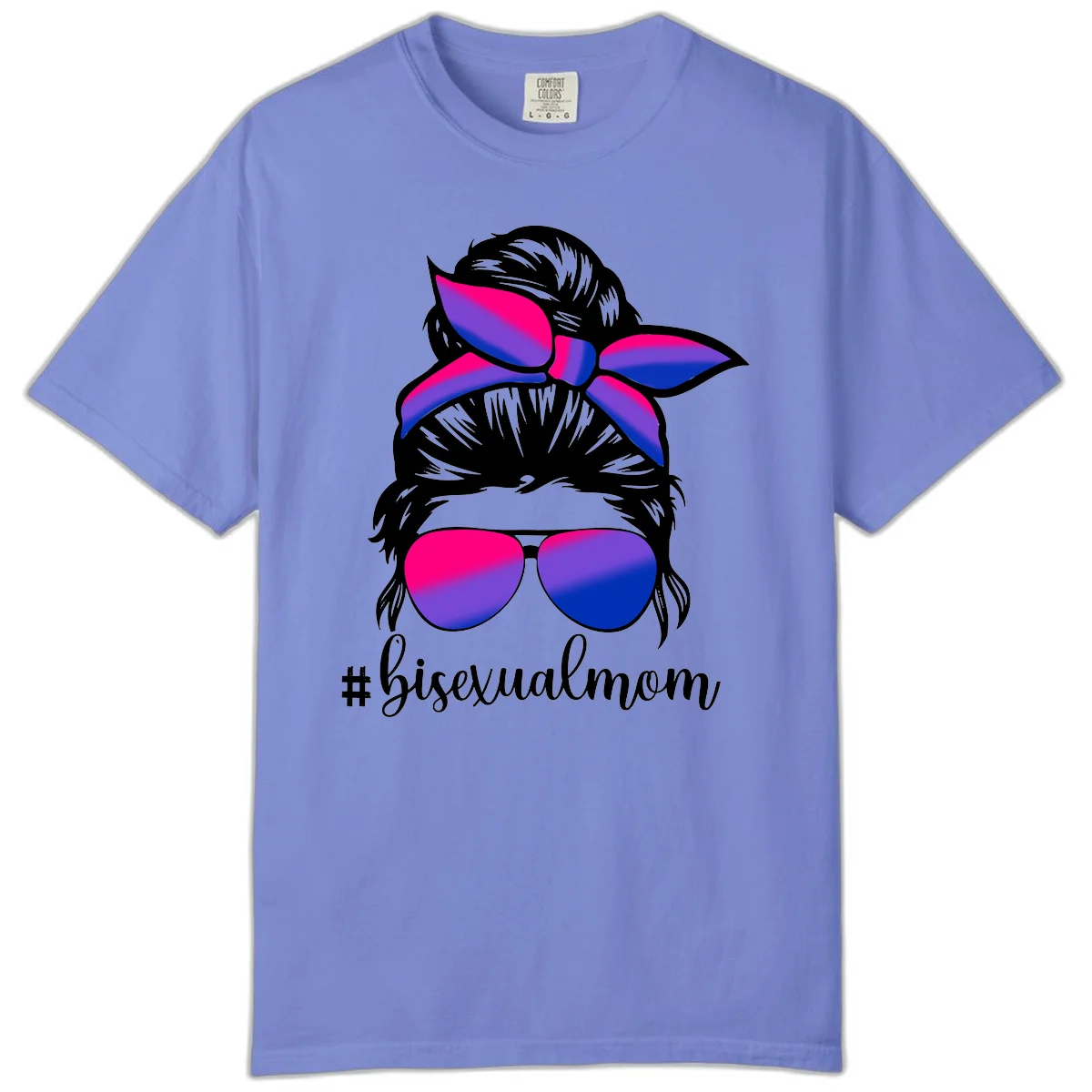 Bisexual mom pride illustration featuring a silhouette with cat ears, bow, and aviator sunglasses in pink, purple, and blue colors with #bisexualmom text in Flo Blue