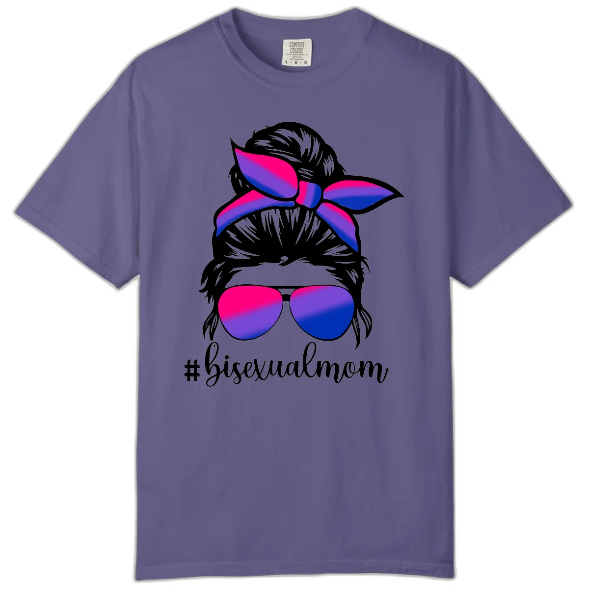 Bisexual mom pride illustration featuring a silhouette with cat ears, bow, and aviator sunglasses in pink, purple, and blue colors with #bisexualmom text in Grape