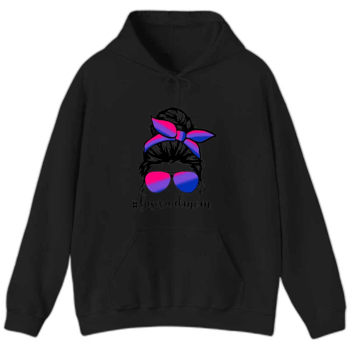 Bisexual mom pride illustration featuring a silhouette with cat ears, bow, and aviator sunglasses in pink, purple, and blue colors with #bisexualmom text in Black