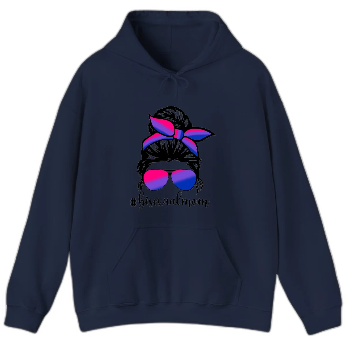 Bisexual mom pride illustration featuring a silhouette with cat ears, bow, and aviator sunglasses in pink, purple, and blue colors with #bisexualmom text in Navy