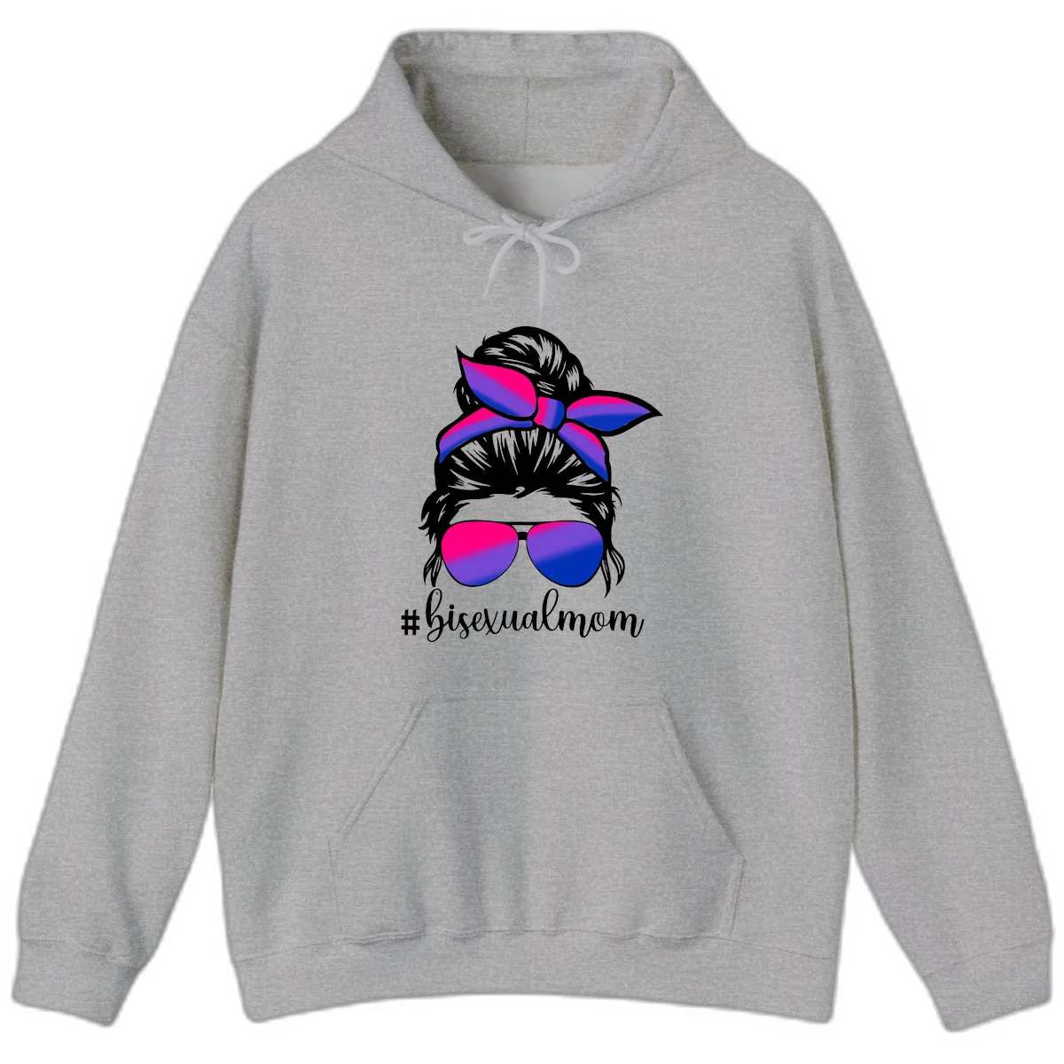 Bisexual mom pride illustration featuring a silhouette with cat ears, bow, and aviator sunglasses in pink, purple, and blue colors with #bisexualmom text in Sport Grey