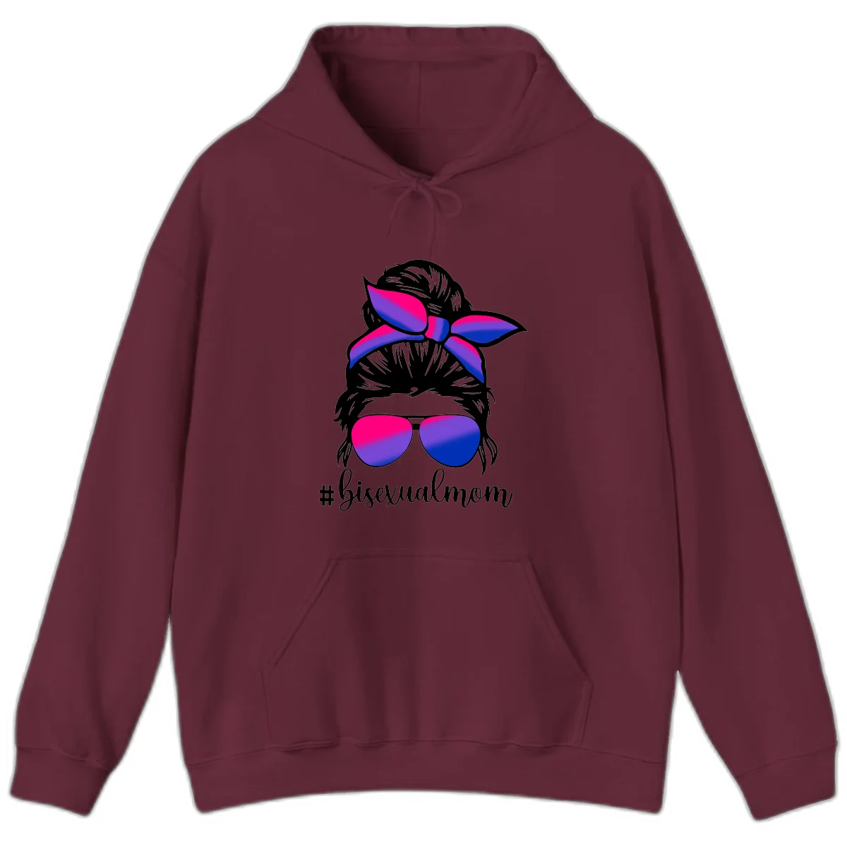 Bisexual mom pride illustration featuring a silhouette with cat ears, bow, and aviator sunglasses in pink, purple, and blue colors with #bisexualmom text in Maroon