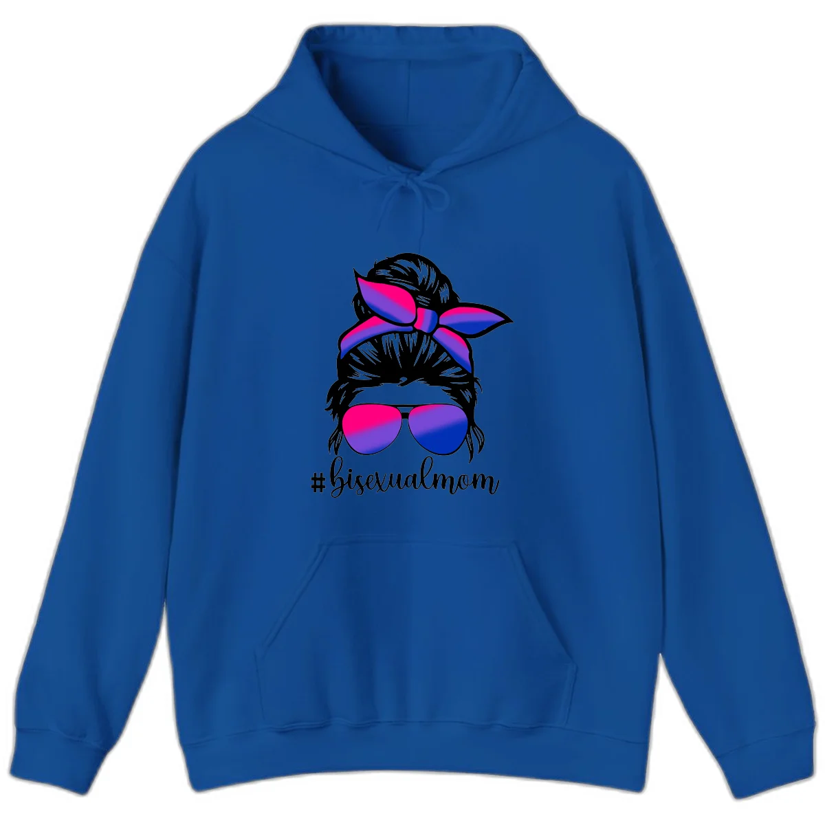 Bisexual mom pride illustration featuring a silhouette with cat ears, bow, and aviator sunglasses in pink, purple, and blue colors with #bisexualmom text in Royal