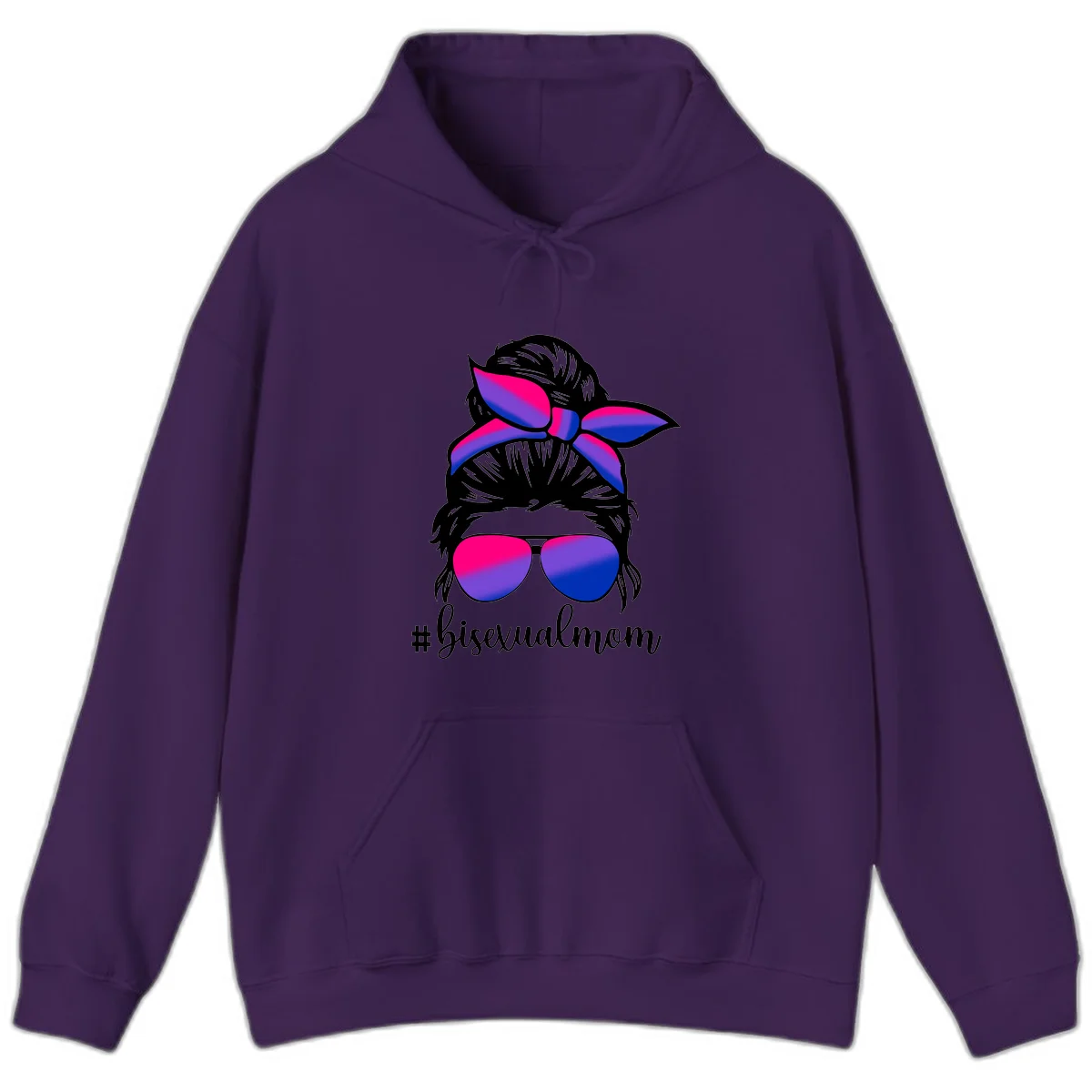 Bisexual mom pride illustration featuring a silhouette with cat ears, bow, and aviator sunglasses in pink, purple, and blue colors with #bisexualmom text in Purple