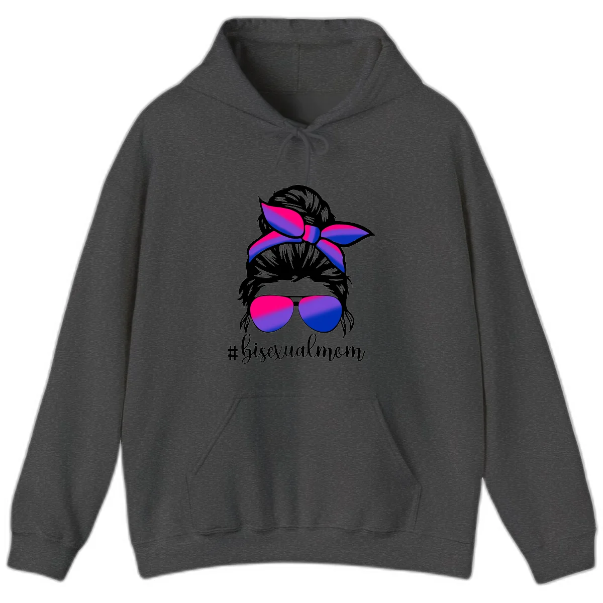 Bisexual mom pride illustration featuring a silhouette with cat ears, bow, and aviator sunglasses in pink, purple, and blue colors with #bisexualmom text in Dark Heather