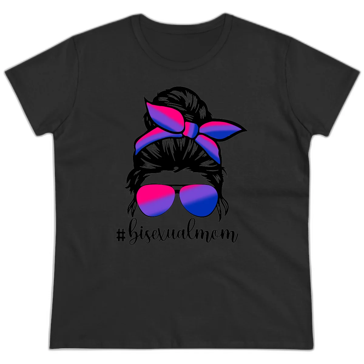 Bisexual mom pride illustration featuring a silhouette with cat ears, bow, and aviator sunglasses in pink, purple, and blue colors with #bisexualmom text in Black