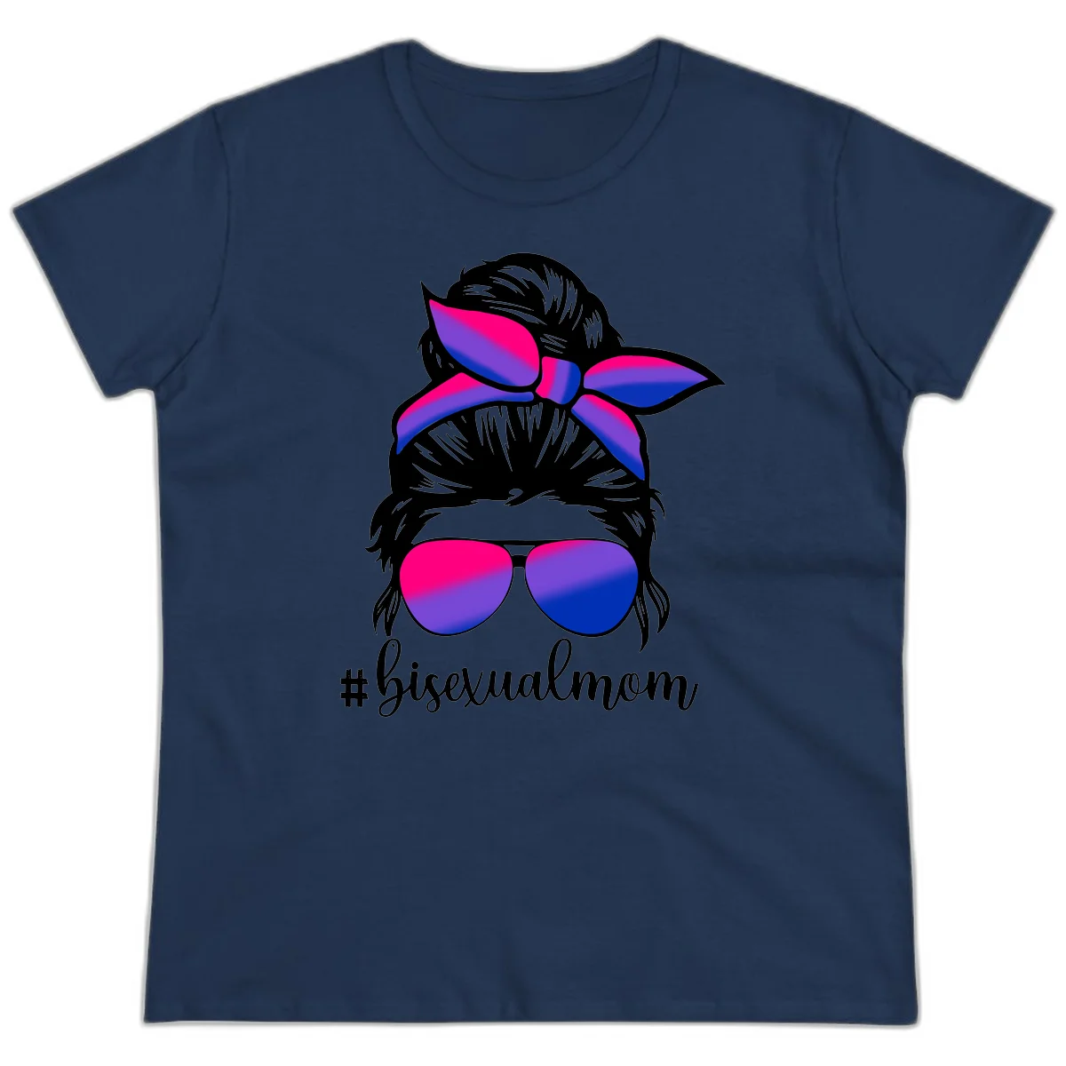 Bisexual mom pride illustration featuring a silhouette with cat ears, bow, and aviator sunglasses in pink, purple, and blue colors with #bisexualmom text in Navy