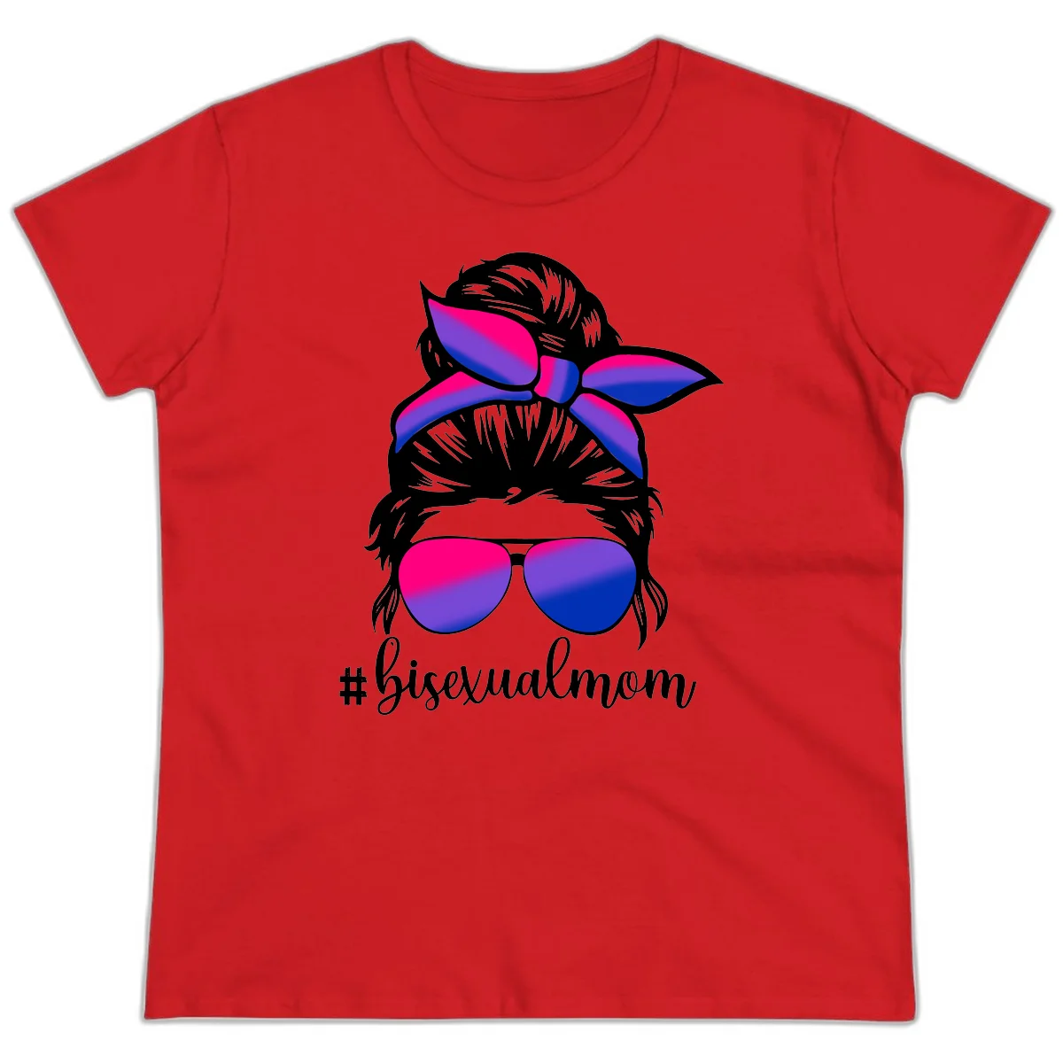 Bisexual mom pride illustration featuring a silhouette with cat ears, bow, and aviator sunglasses in pink, purple, and blue colors with #bisexualmom text in Red