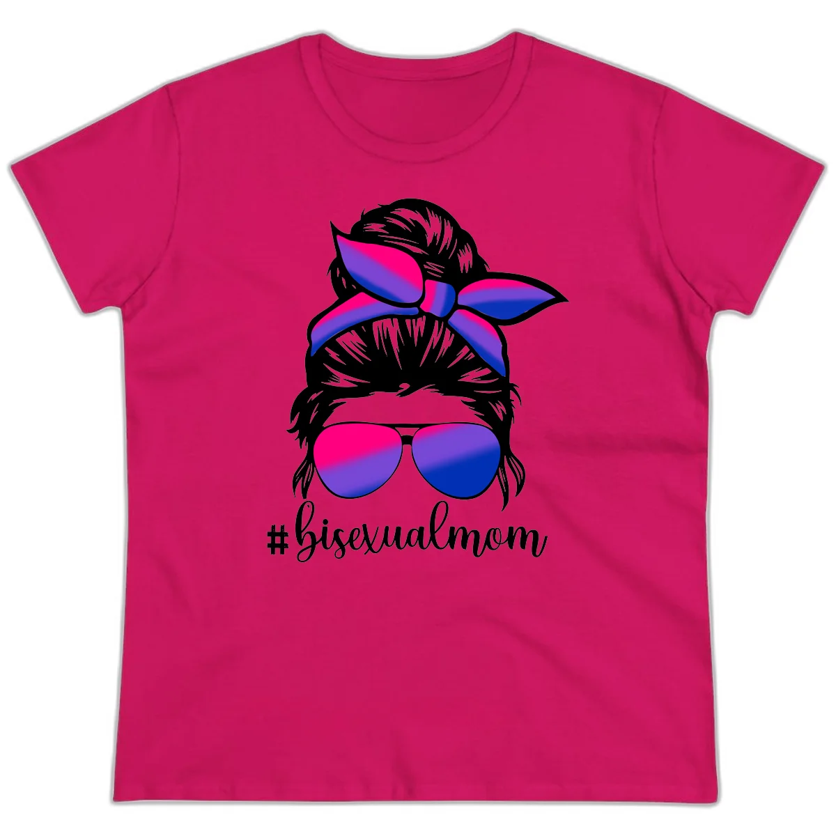 Bisexual mom pride illustration featuring a silhouette with cat ears, bow, and aviator sunglasses in pink, purple, and blue colors with #bisexualmom text in Heliconia