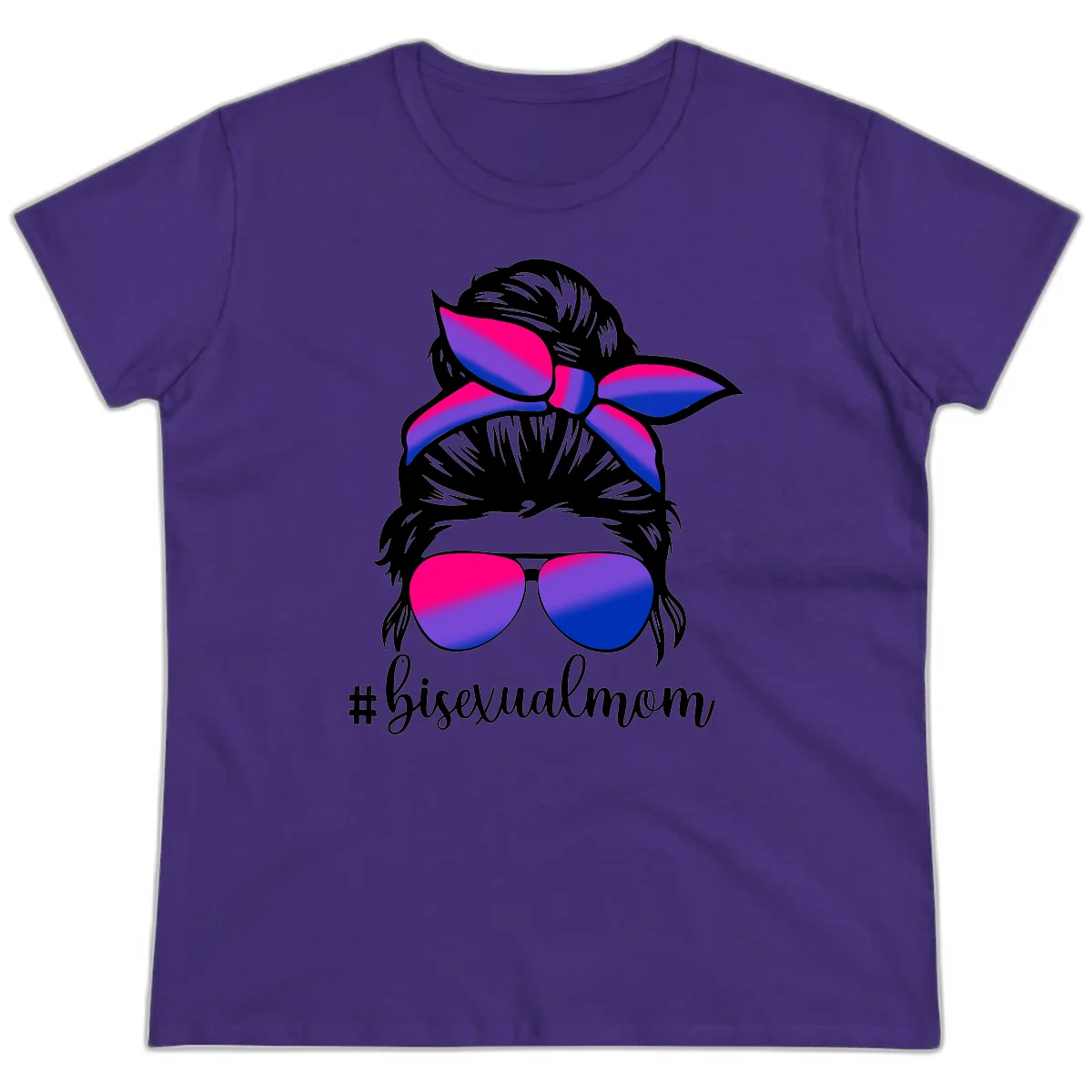 Bisexual mom pride illustration featuring a silhouette with cat ears, bow, and aviator sunglasses in pink, purple, and blue colors with #bisexualmom text in Purple