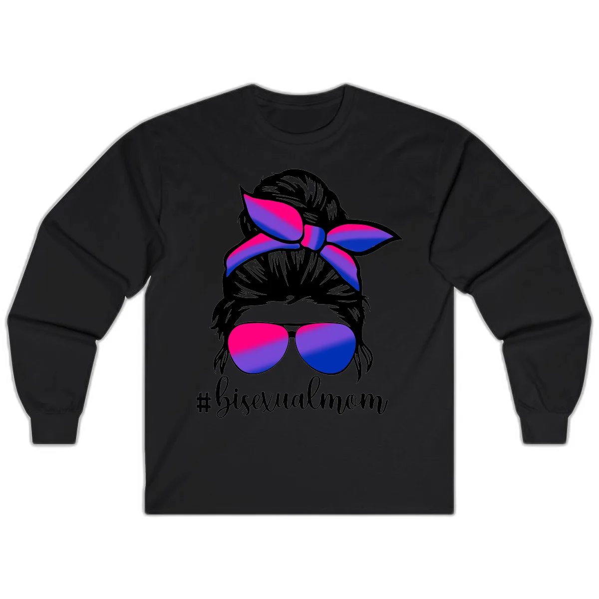 Bisexual mom pride illustration featuring a silhouette with cat ears, bow, and aviator sunglasses in pink, purple, and blue colors with #bisexualmom text in Black
