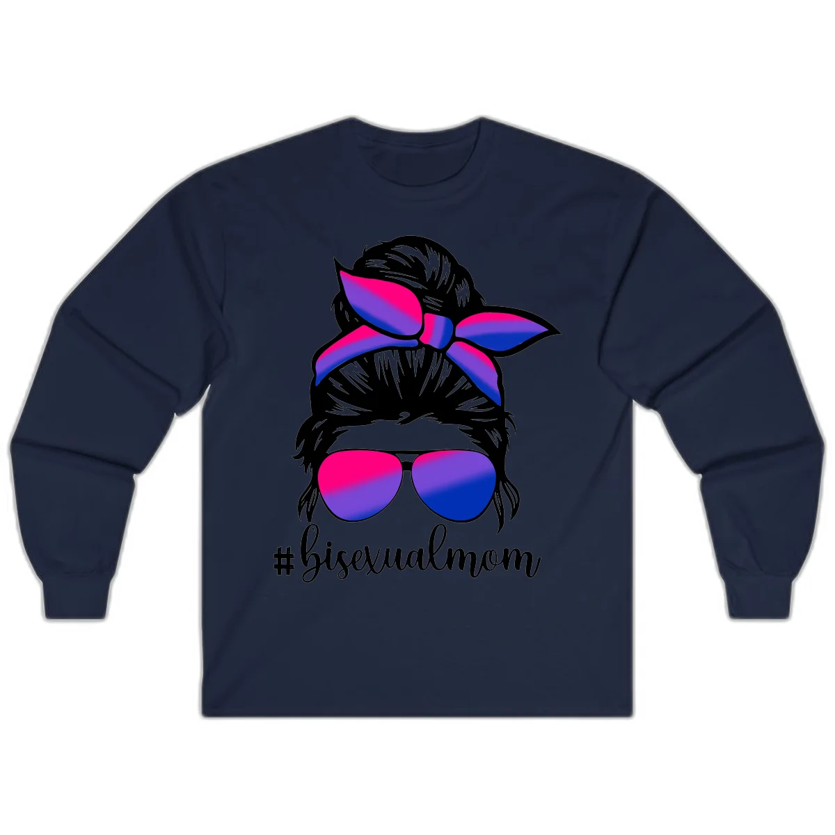 Bisexual mom pride illustration featuring a silhouette with cat ears, bow, and aviator sunglasses in pink, purple, and blue colors with #bisexualmom text in Navy