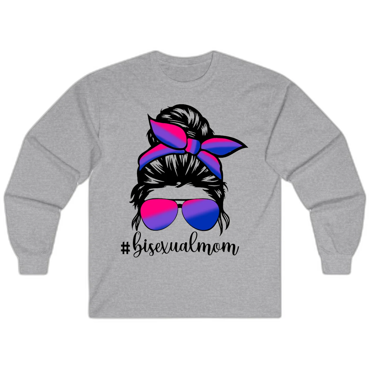 Bisexual mom pride illustration featuring a silhouette with cat ears, bow, and aviator sunglasses in pink, purple, and blue colors with #bisexualmom text in Sport Grey