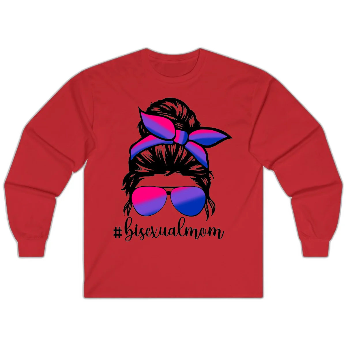 Bisexual mom pride illustration featuring a silhouette with cat ears, bow, and aviator sunglasses in pink, purple, and blue colors with #bisexualmom text in Red