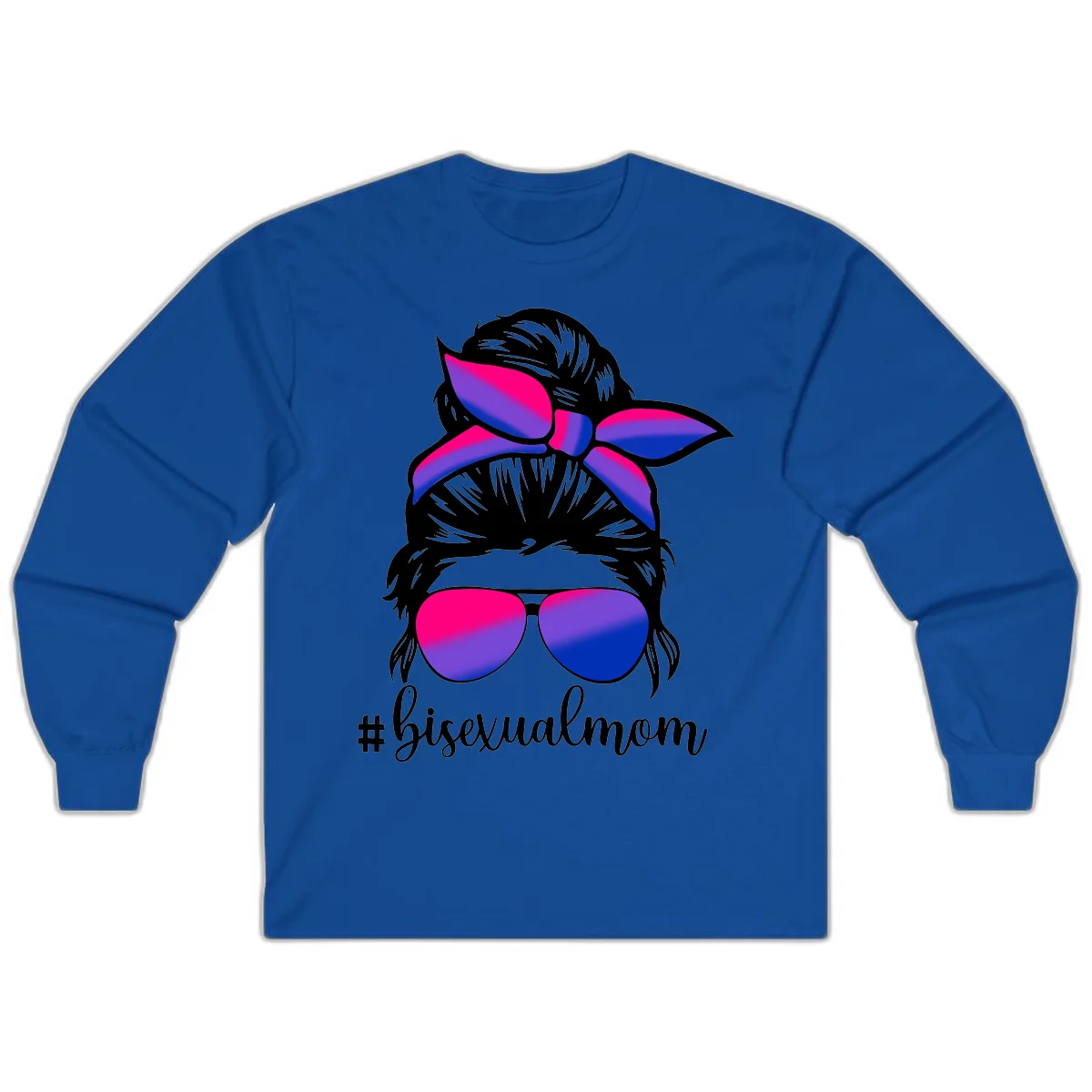 Bisexual mom pride illustration featuring a silhouette with cat ears, bow, and aviator sunglasses in pink, purple, and blue colors with #bisexualmom text in Royal
