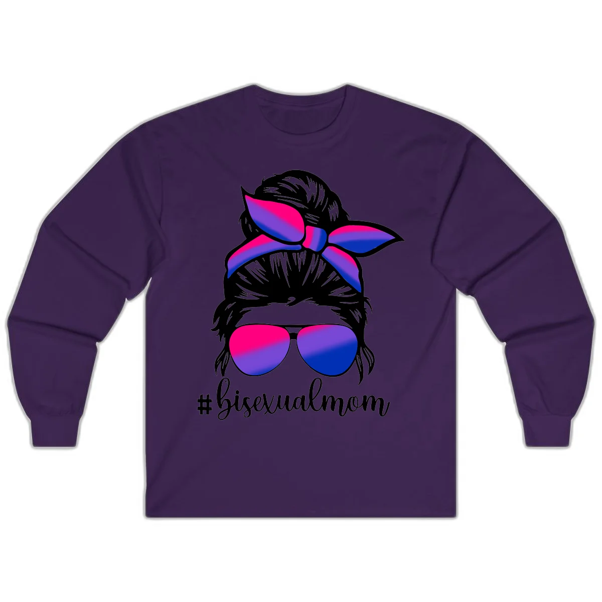 Bisexual mom pride illustration featuring a silhouette with cat ears, bow, and aviator sunglasses in pink, purple, and blue colors with #bisexualmom text in Purple