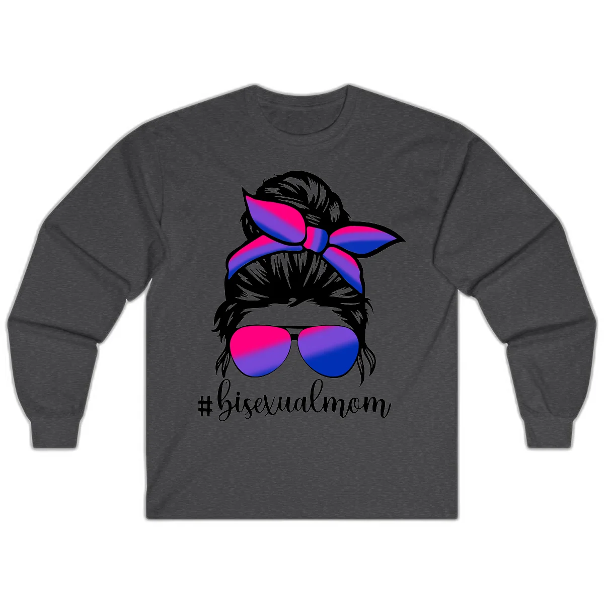 Bisexual mom pride illustration featuring a silhouette with cat ears, bow, and aviator sunglasses in pink, purple, and blue colors with #bisexualmom text in Dark Heather